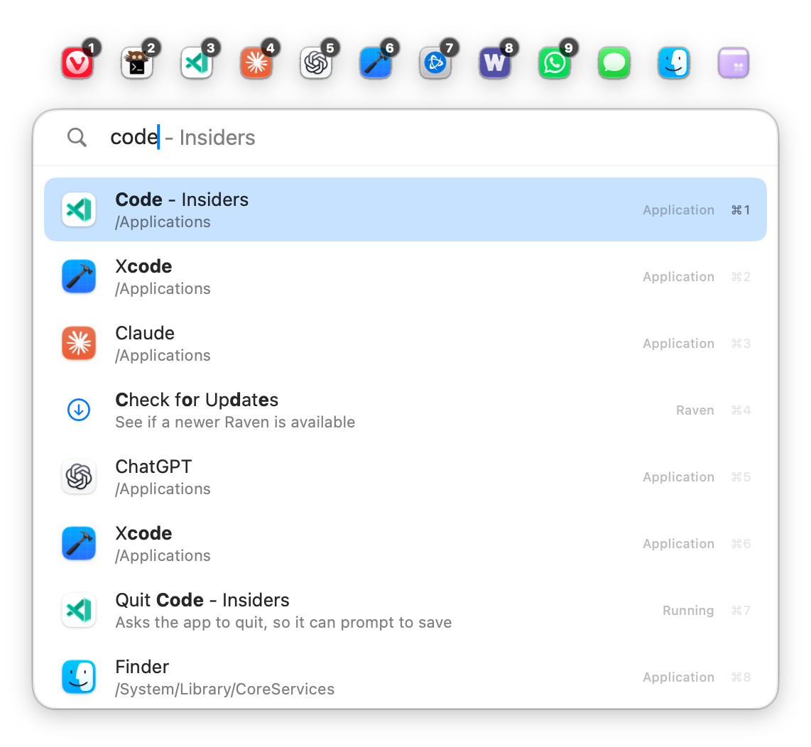 Raven’s launcher, showing search results